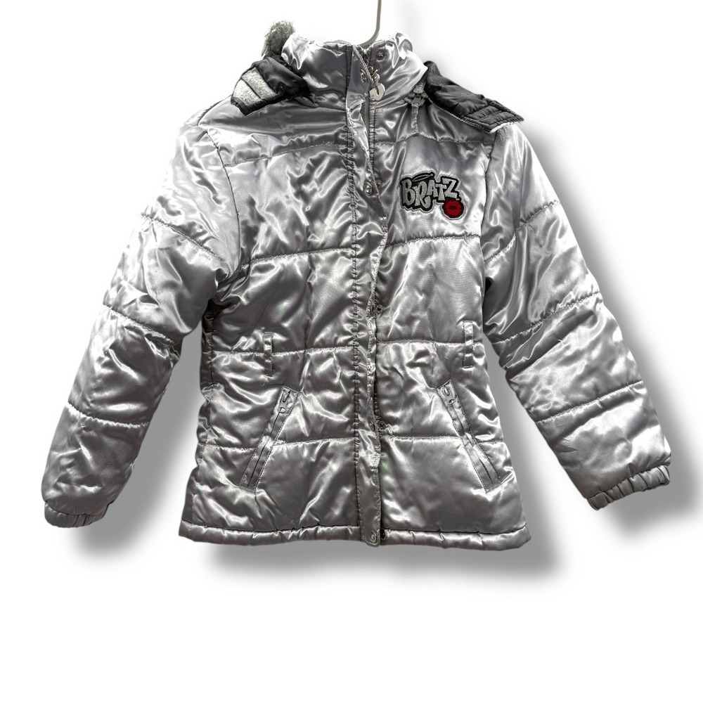 Bratz Puffer Jacket Girls 10-12 Silver Winter Coat Hooded Y2K‎ Retro